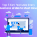 Illustration showing top 5 business website features: responsive design, fast loading, clear CTAs, SEO optimization, mobile friendly.